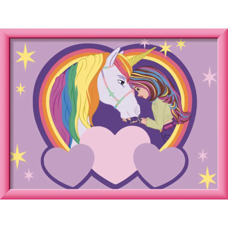 Ein Mädchen und ein Einhorn mit Regenbogenmähne berühren sich im Herz-Stil, umgeben von Sternen.