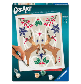 Malen-nach-Zahlen-Set mit zwei Rentieren, Stechpalmen und Schneeflocken im festlichen Weihnachtsdesign.