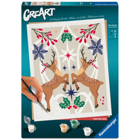 Malen-nach-Zahlen-Set mit zwei Rentieren, Stechpalmen und Schneeflocken im festlichen Weihnachtsdesign.