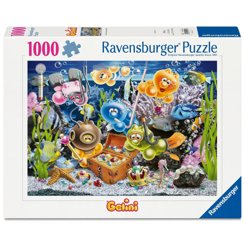 Bunte Ravensburger-Puzzlebox mit Comic-Bären in Tauchausrüstung, die eine Unterwasserschatztruhe entdecken.
