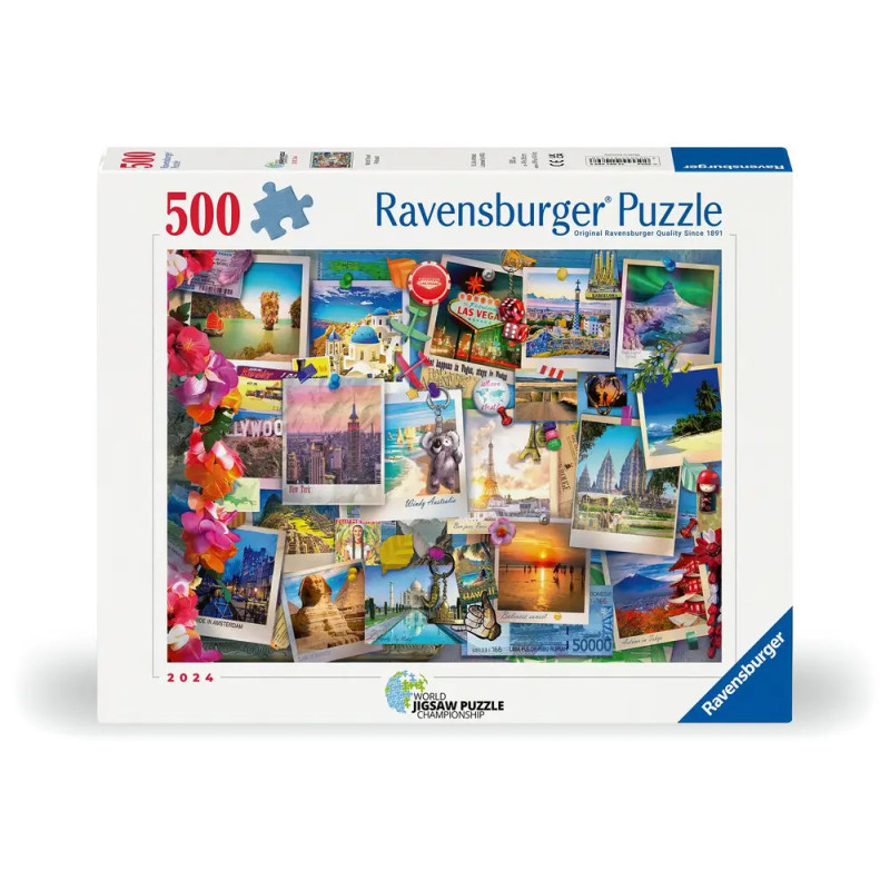 Ravensburger Puzzle, 500 Teile, mit bunter Collage aus Reise-Postkarten und Urlaubsszenen. Ravensburger Puzzle, 500 Teile, mit bunter Collage aus Reise-Postkarten und Urlaubsszenen.