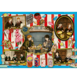 Illustration von Harry-Potter-Figuren beim Naschen, umgeben von Süßigkeiten in buntem Collage-Stil.