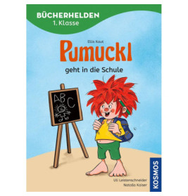 Pumuckl mit roten Haaren steht auf dem Buchcover neben einer Tafel: Pumuckl geht in die Schule.