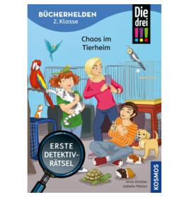 Drei Kinder und verschiedene Tiere in einem Tierheim auf einem Buchcover, Vögel fliegen, Hunde spielen.
