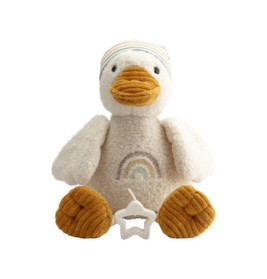 Plüschente mit gelbem Schnabel, gestreifter Mütze, Regenbogenstickerei und Sternrassel.