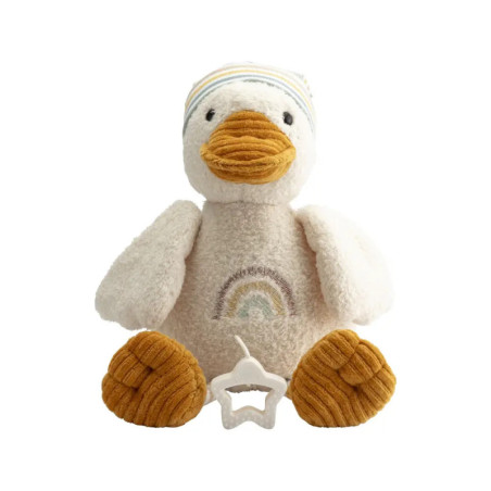 Plüschente mit gelbem Schnabel, gestreifter Mütze, Regenbogenstickerei und Sternrassel.