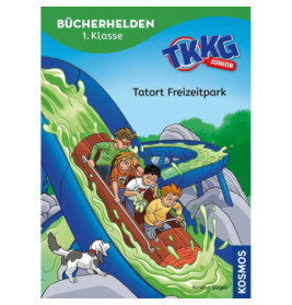 Vier Kinder auf Achterbahn, eine Katze schaut zu Buchtitel: TKKG Junior Tatort Freizeitpark.