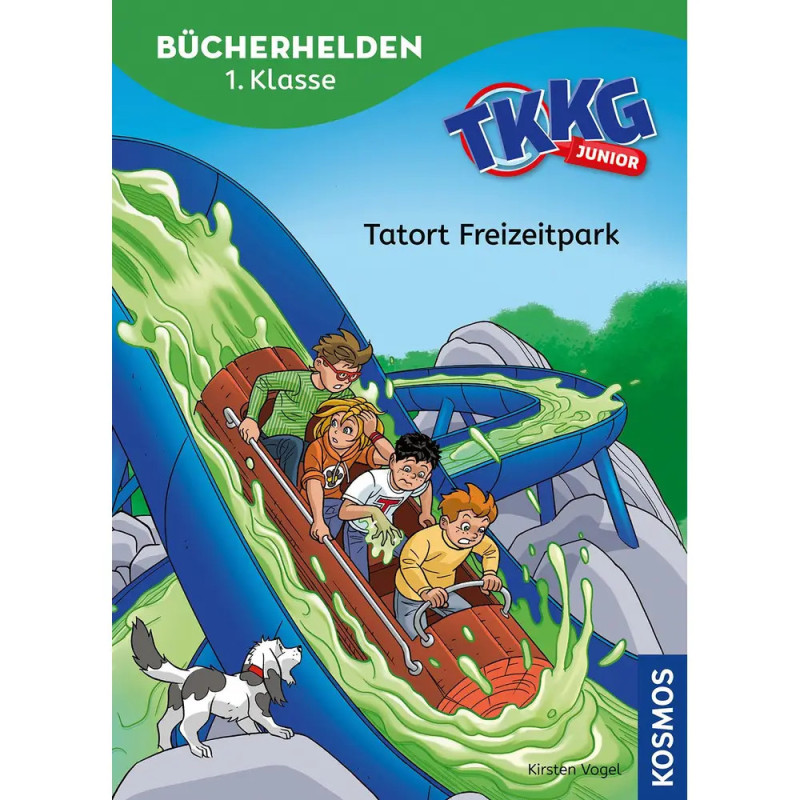 Vier Kinder auf Achterbahn, eine Katze schaut zu Buchtitel: TKKG Junior Tatort Freizeitpark. Vier Kinder auf Achterbahn, eine Katze schaut zu Buchtitel: TKKG Junior Tatort Freizeitpark.