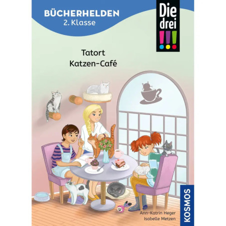 Drei Kinder essen Kuchen im Katzen-Café, umgeben von Katzen. Buchtitel: Tatort Katzen-Café. Drei Kinder essen Kuchen im Katzen-Café, umgeben von Katzen. Buchtitel: Tatort Katzen-Café.