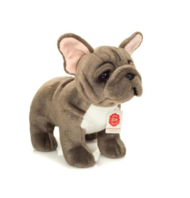 Graues French-Bulldog-Plüschtier mit weißer Brust und rotem Anhänger vor weißem Hintergrund.