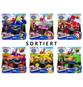 Sechs Paw Patrol-Spielzeugautos in Boxen, jeweils mit anderem Charakter und farbigem Monstertruck.