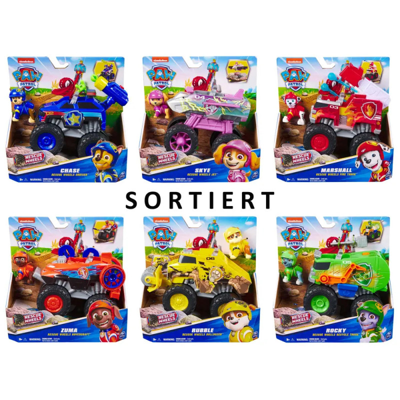 Sechs Paw Patrol-Spielzeugautos in Boxen, jeweils mit anderem Charakter und farbigem Monstertruck. Sechs Paw Patrol-Spielzeugautos in Boxen, jeweils mit anderem Charakter und farbigem Monstertruck.