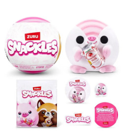 ZURU Snackles Set mit rosa Plüschschwein, Erdbeermilch-Zubehör und Verpackung.