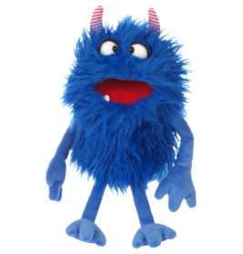 Ein blaues, zotteliges Monster mit roten Hörnern, großen Augen und weit geöffnetem rotem Mund.