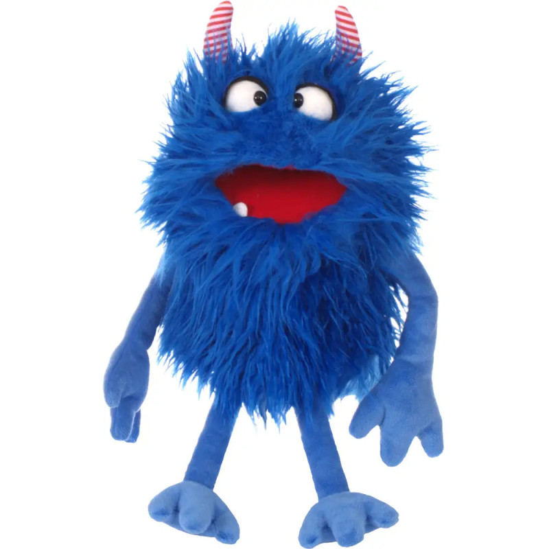 Ein blaues, zotteliges Monster mit roten Hörnern, großen Augen und weit geöffnetem rotem Mund. Ein blaues, zotteliges Monster mit roten Hörnern, großen Augen und weit geöffnetem rotem Mund.