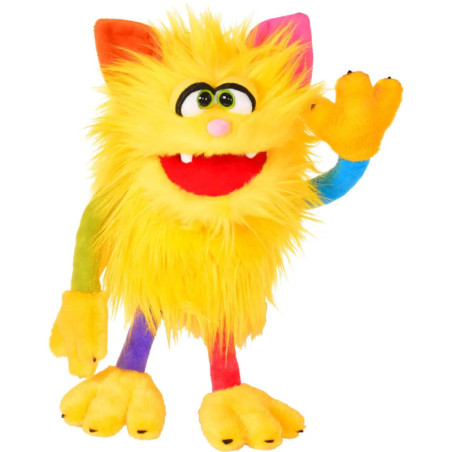 Flauschiges gelbes Monster-Plüschtier mit bunten Gliedern, großen Augen und rotem Mund winkt.