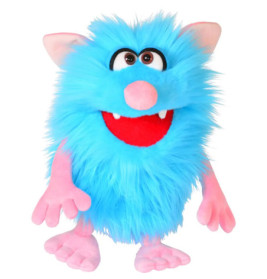Plüschiges blaues Monster-Spielzeug mit pinken Ohren, Nase, Händen, Füßen und großen Augen.