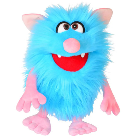 Plüschiges blaues Monster-Spielzeug mit pinken Ohren, Nase, Händen, Füßen und großen Augen.