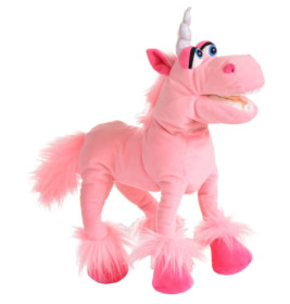 Rosa Plüscheinhorn mit weißem Horn, blauen Augen und flauschigen Akzenten an Füßen und Schweif.