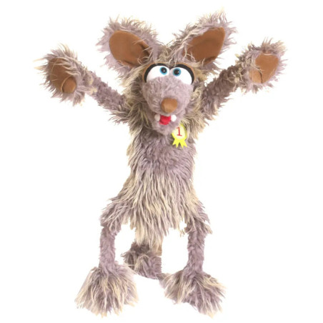 Graue, flauschige Puppe mit großen Ohren, blauen Augen und gelbem #1-Band hebt die Arme.