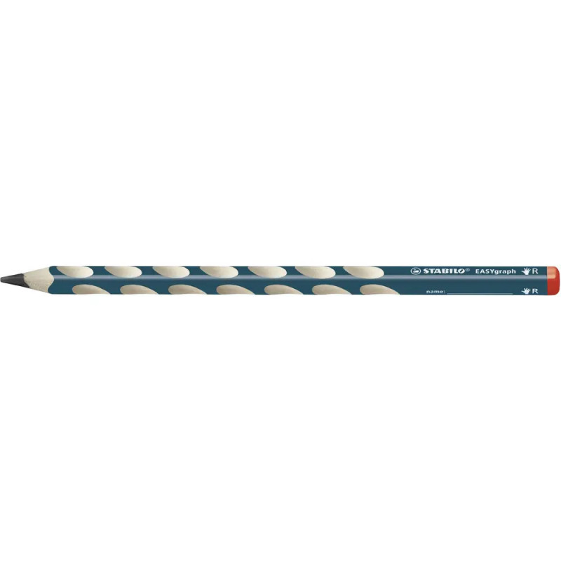 Blauer STABILO EASYgraph Bleistift mit weißen Griffen und roter, mit R beschrifteter Kappe.