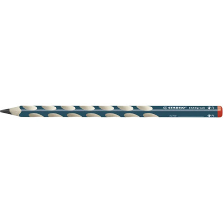 Blauer STABILO EASYgraph Bleistift mit weißen Griffen und roter, mit R beschrifteter Kappe.