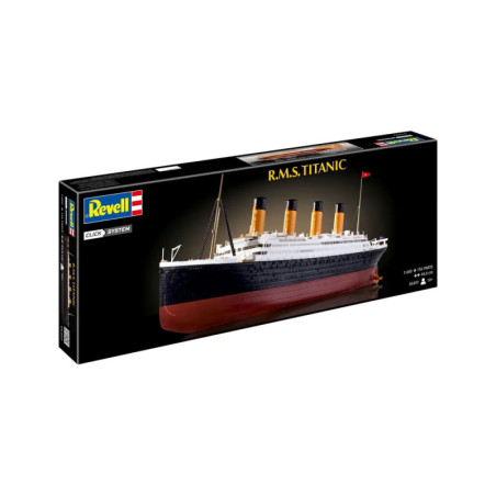 Revell-Bausatz mit Abbildung der R.M.S. Titanic auf schwarzem Hintergrund.