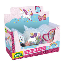 Lena Fashion Beads Box mit Einhorn-, Regenbogen- und Schmetterlingsmotiv, ab 3 Jahren geeignet.