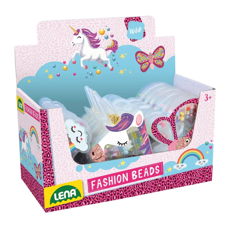 Lena Fashion Beads Box mit Einhorn-, Regenbogen- und Schmetterlingsmotiv, ab 3 Jahren geeignet.