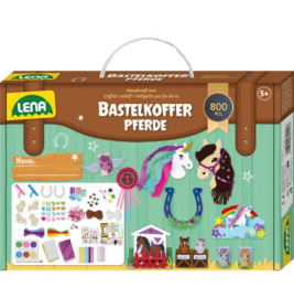 Box eines Lena-Pferdebastelsets mit Pferden, Einhörnern, Bastelmaterial und bunten Verzierungen.
