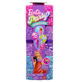 Barbie Party Unboxed: Spielzeugverpackung mit rosa, lila, blauen Glitzersteinen und Barbie-Abbildung.