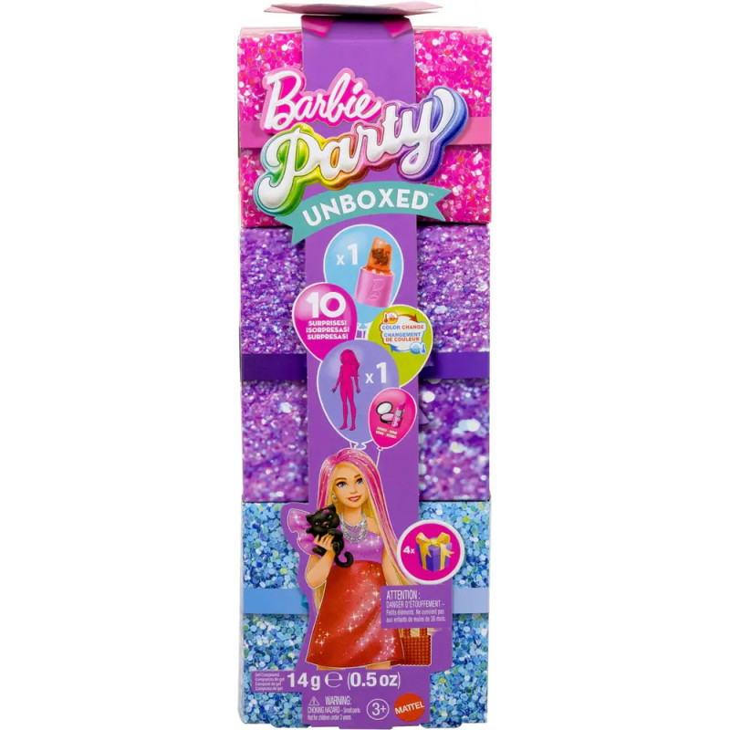 Barbie Party Unboxed: Spielzeugverpackung mit rosa, lila, blauen Glitzersteinen und Barbie-Abbildung.
