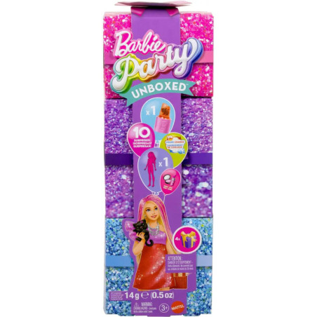 Barbie Party Unboxed: Spielzeugverpackung mit rosa, lila, blauen Glitzersteinen und Barbie-Abbildung.
