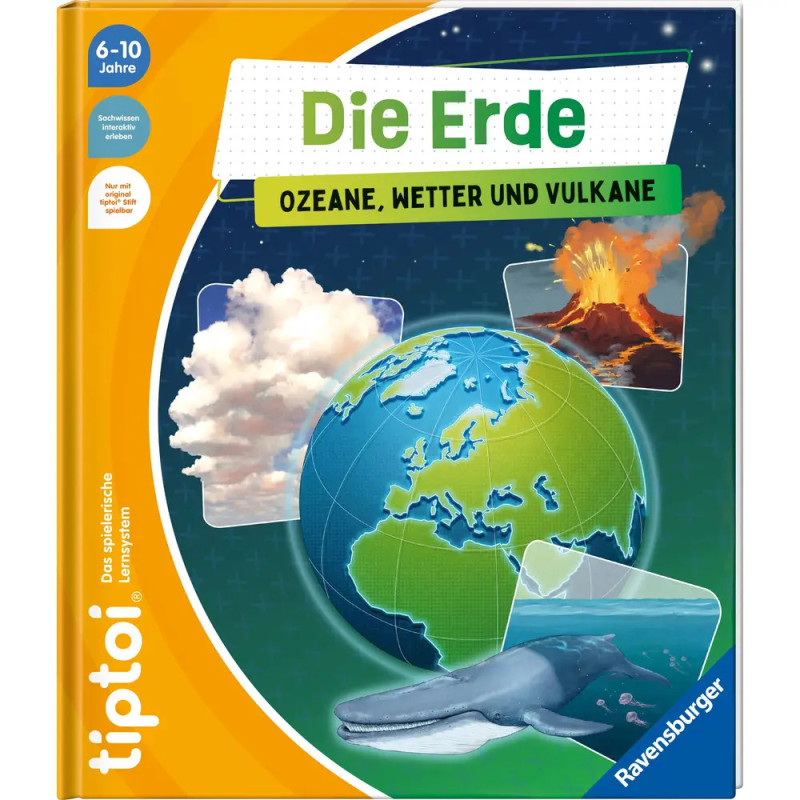Kinderbuchcover mit Globus, Wal, Wolken und Vulkan. Titel: Die Erde: Ozeane, Wetter und Vulkane.