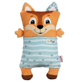Plüschfuchs mit fröhlichem Gesicht, orangem Kopf, blau gestreiftem Körper und einem gepunkteten Ohr.