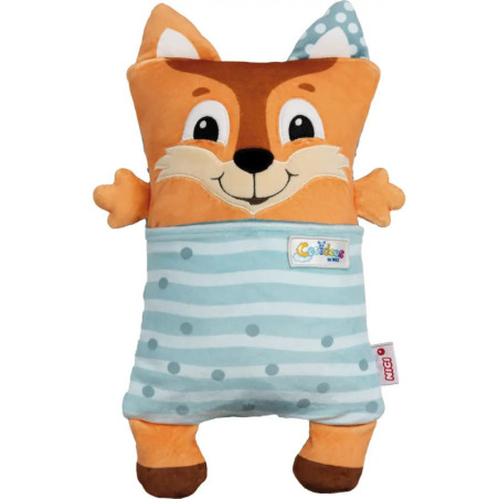 Plüschfuchs mit fröhlichem Gesicht, orangem Kopf, blau gestreiftem Körper und einem gepunkteten Ohr.