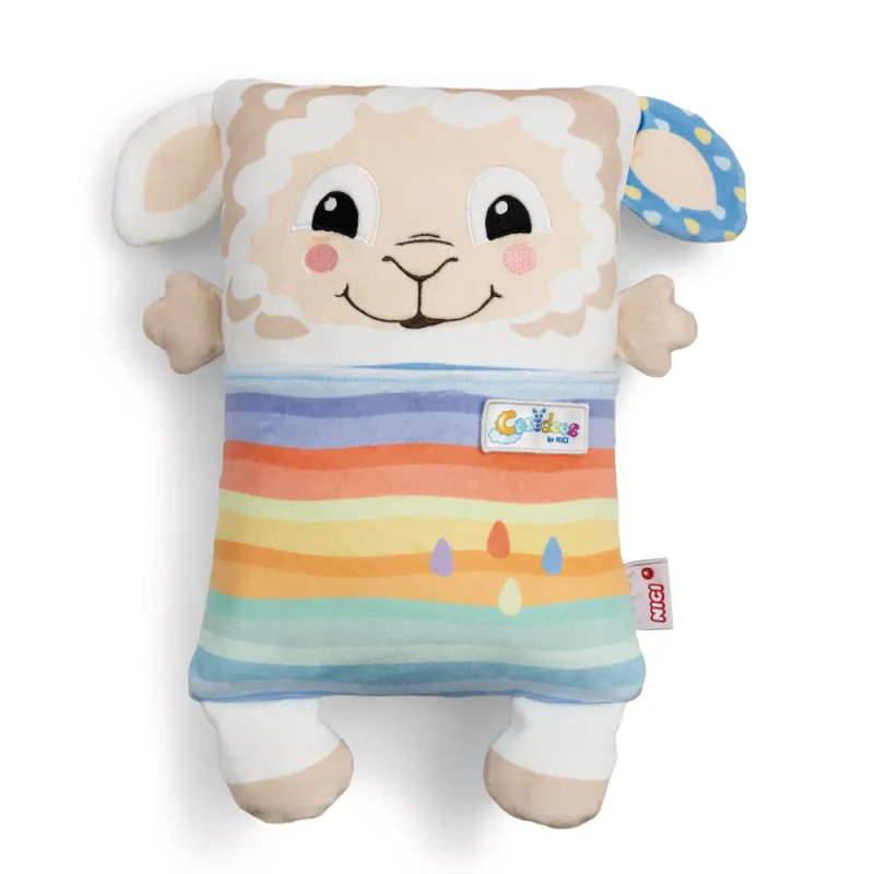 Plüschfigur in Lammform mit lächelndem Gesicht, regenbogenfarbenem Körper und buntem Ohr.
