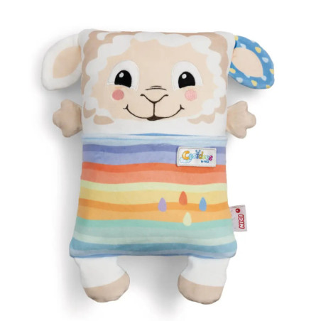 Plüschfigur in Lammform mit lächelndem Gesicht, regenbogenfarbenem Körper und buntem Ohr.