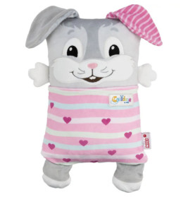 Plüsch-Bunny-Kissen mit rosa Streifen-, Herzmuster, lächelndem Gesicht und einem Schlappohr.