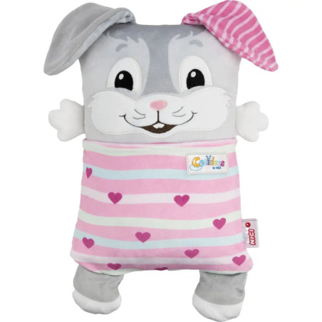 Plüsch-Bunny-Kissen mit rosa Streifen-, Herzmuster, lächelndem Gesicht und einem Schlappohr.