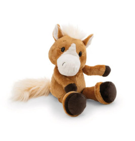 Plüschpferd braun mit weißer Schnauze, dunkelbraunen Hufen sowie flauschiger Mähne und Schweif.