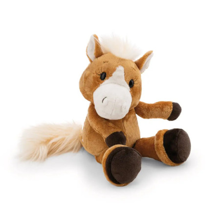 Plüschpferd braun mit weißer Schnauze, dunkelbraunen Hufen sowie flauschiger Mähne und Schweif.