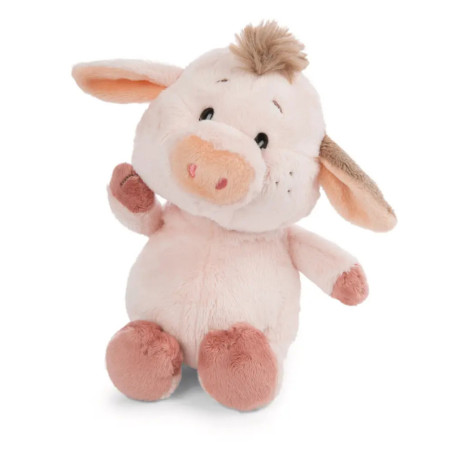 Plüsch-Ferkel mit hellem Körper, dunklerer Schnauze und Hufen, sitzt und hebt einen Arm.