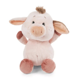 Rosa Plüschferkel mit großen Ohren, rundem Rüssel und gesticktem Gesicht sitzt aufrecht.