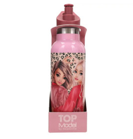Pinkfarbene Trinkflasche mit zwei gezeichneten Mädchen, Leo-Muster und TOP Model von Depesche.