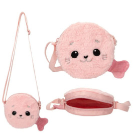 Runder, plüschiger rosa Beutel mit Seehundgesicht, Schwanz und verstellbarem Gurt aus drei Perspektiven.