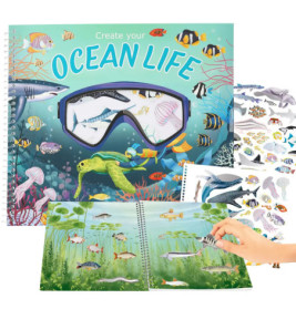 Kinder-Stickerbuch Create Your Ocean Life mit Tierstickern und Unterwasserszene.