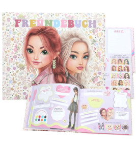 Farbiges Freundebuch mit gezeichneten Mädchen auf dem Cover, offene Seiten mit Fragen und Deko.