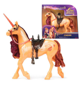 Spielzeug-Einhorn mit orangefarbenem Horn und Sattel, Verpackung zeigt den Namen Cinder.