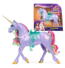 Lila Einhorn-Spielzeug mit goldenem Horn, bunter Mähne und funkelndem Sattel, Box oben rechts.